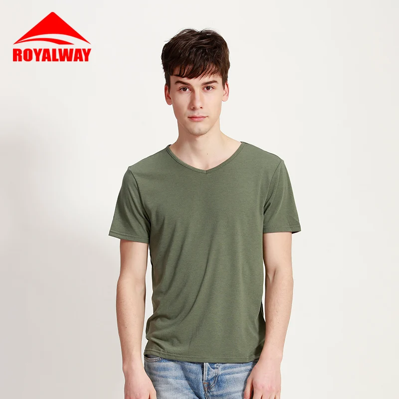 Мужские повседневные футболки ROYALWAY однотонные из дышащего хлопка с v образным