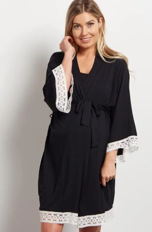 Solid Black Новая женская одежда, женские кружевные короткие пижамы с цветочным рисунком для беременных, ночная одежда для кормящих, топы, ночное платье для беременных, удобное платье - Цвет: Solid Black