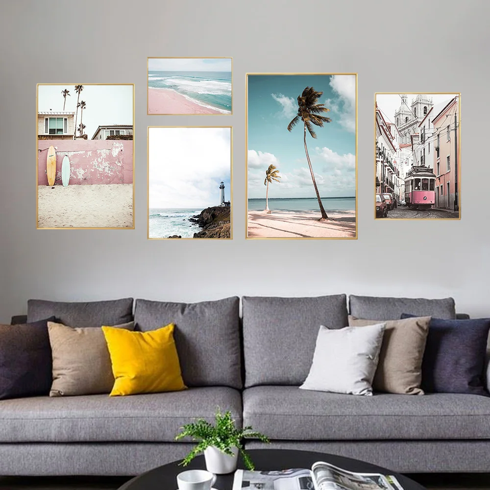 Пейзаж холст Постер скандинавский декор автобус океан пляж настенная