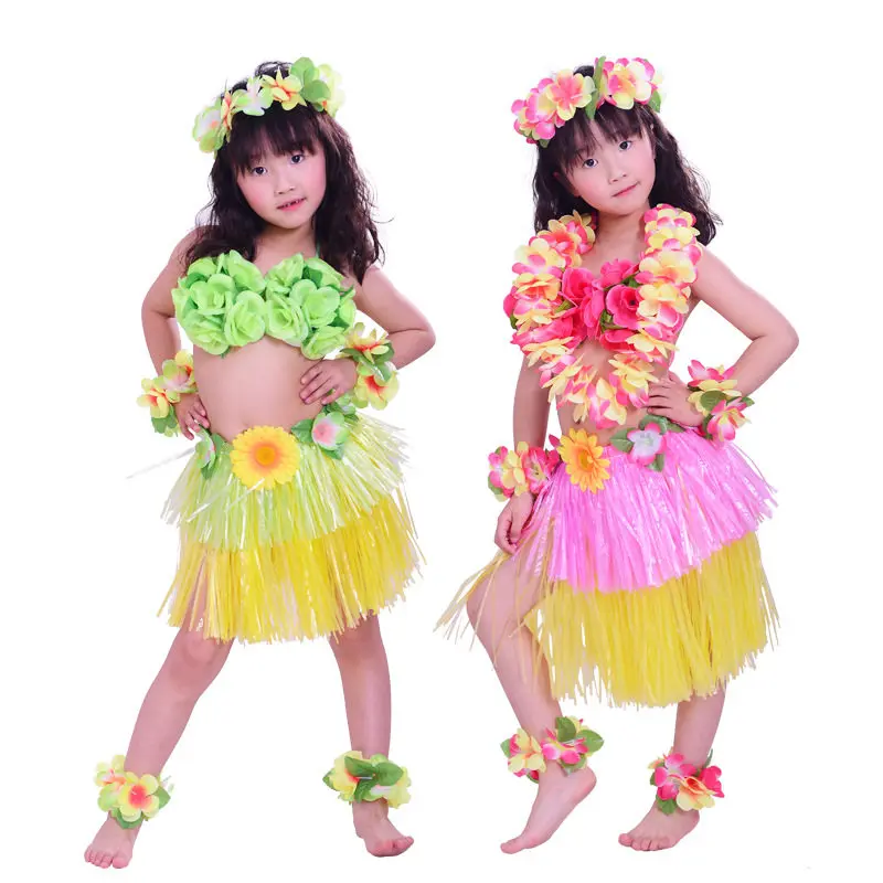 8 قطعة فستان هاواي حولا للأطفال التنانير العشب الاطفال حولا تنورة هاواي ازياء عقال إكليل إكليل هاواي ديكور الحفلات
