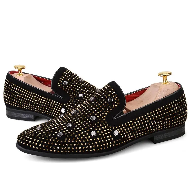 

POLALI Black Spikes 2019 New Brand Mens Loafers Luxury Shoes Denim And Metal Sequins High Quality Casual Men Shoes