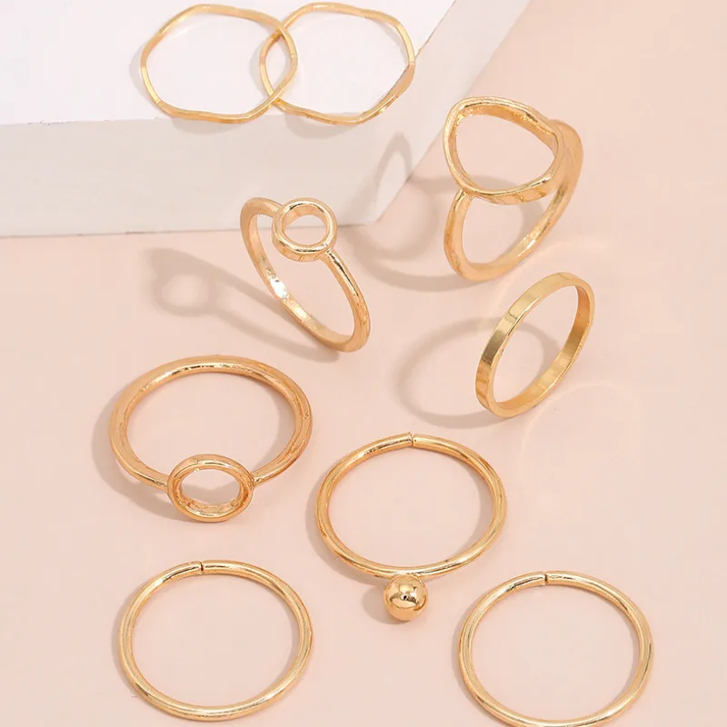 

2021 New Vintage Ring 9 Pcs/Set Golden Geometric Alloy Rings Set Party Jewelry for Women