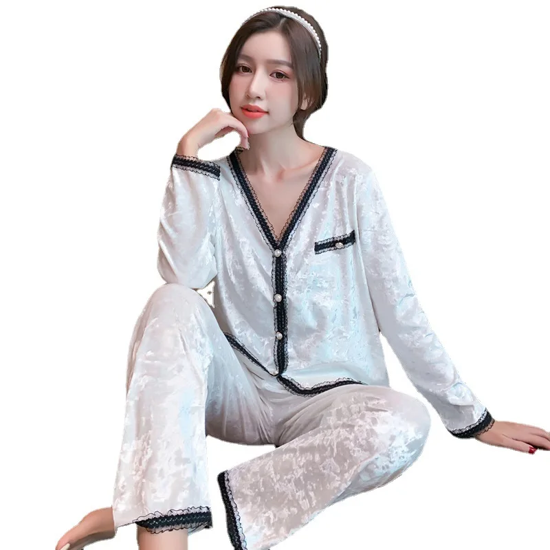 

Home Wear Autumn and Winter Gold Velvet Pajamas Women's Sexy Lace Long Sleeve Cardigan