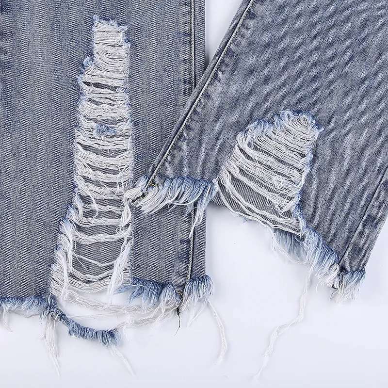 

2021 new women's letter printing, distressed holes, personality straight-leg jeans with frayed edges