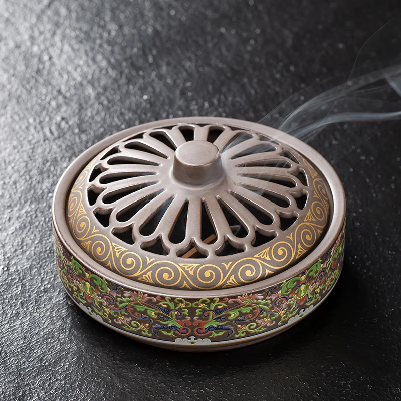 

Large Antique Incense Burner House Mosquito Coil Ceramic Holder Incense Burner with Lid Hollow Incenso Household Products 60AA01