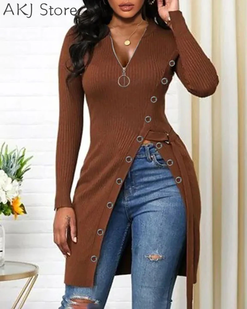 

Casual V Neck Women Long Sleeve Zipper Design High Slit Top Fashion Blouse