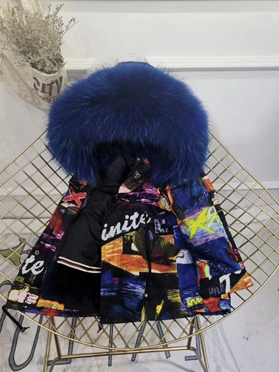 Purple Royal Blue Children Winter Jacket Graffiti Boys Girls Real Fur Coat Thick Warm Rabbit Fur Kids Jacket Coat Furry Natural Fur Collar TZ428 - Цвет: Purple Royal Blue