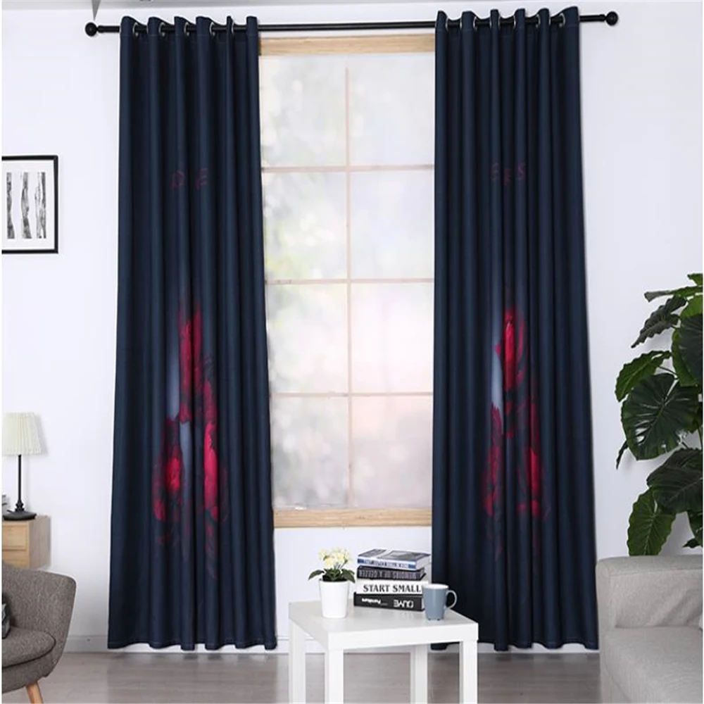 black curtains red rose curtain New simple and modern bedroom living room finished shading |
