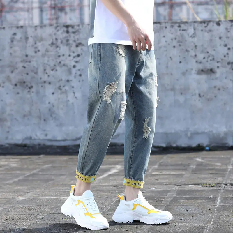 Vintage Men Ripped Jeans Fashion Plus Size Ripped Ankle-Tied Baggy Denim Jeans Male Loose Casual Harem Pants Men Jeans Trousers