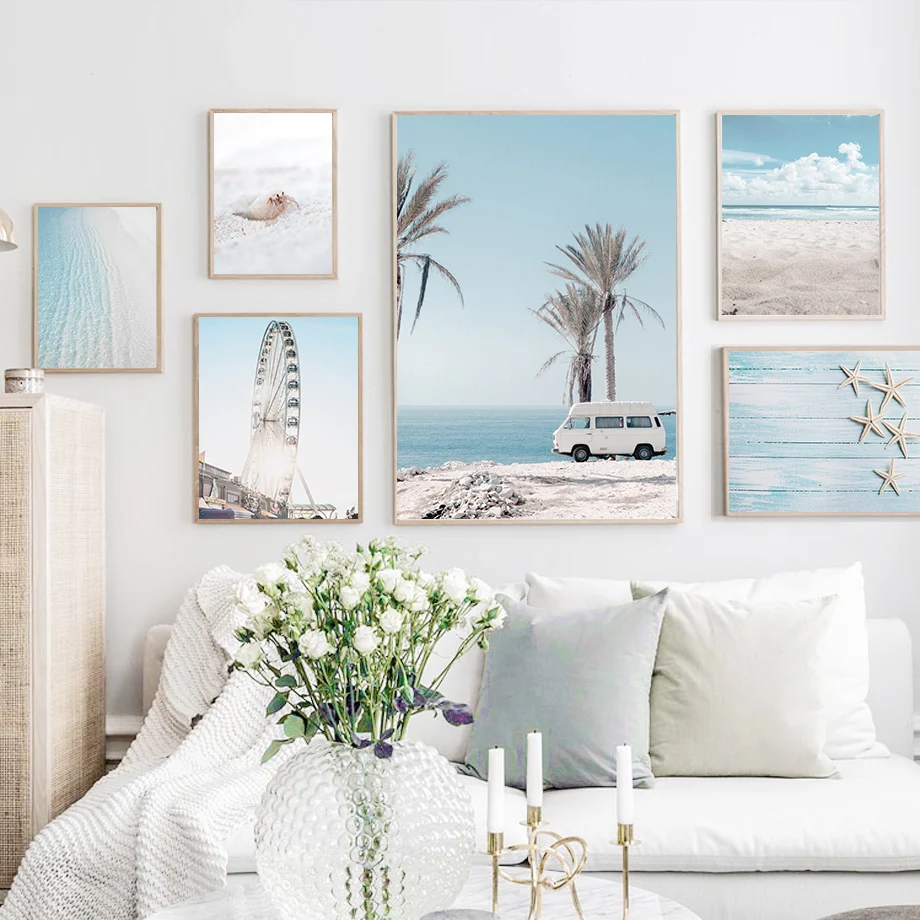 

Wall Art Canvas Painting Sky Sea Beach Palm Conch Starfish Ferris Wheel Nordic Posters And Prints Decor Pictures For Living Room