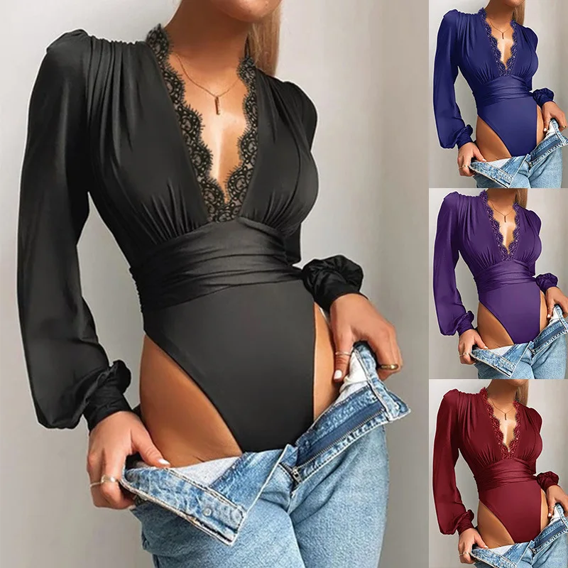 

Women Sexy Underwear V-Neck T-Shirt Solid Color Lace Temperament Commuter Bottoming Long-Sleeved Slim High-Waisted Jumpsuit