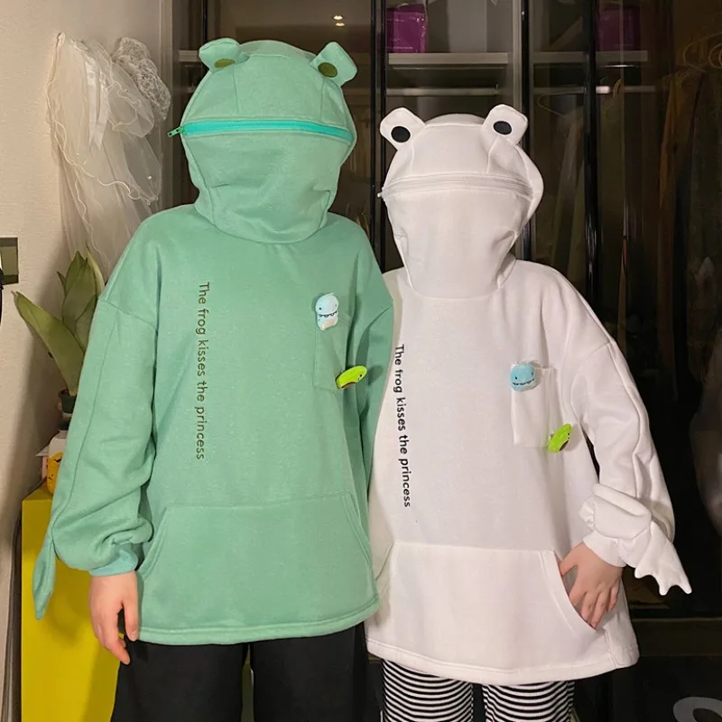 

Newly Women Frog Hoodie Winter Warm Thick Loose Oversized Sweatshirt Outwear Hooded Pullover Soft Teens Street Style FIF66