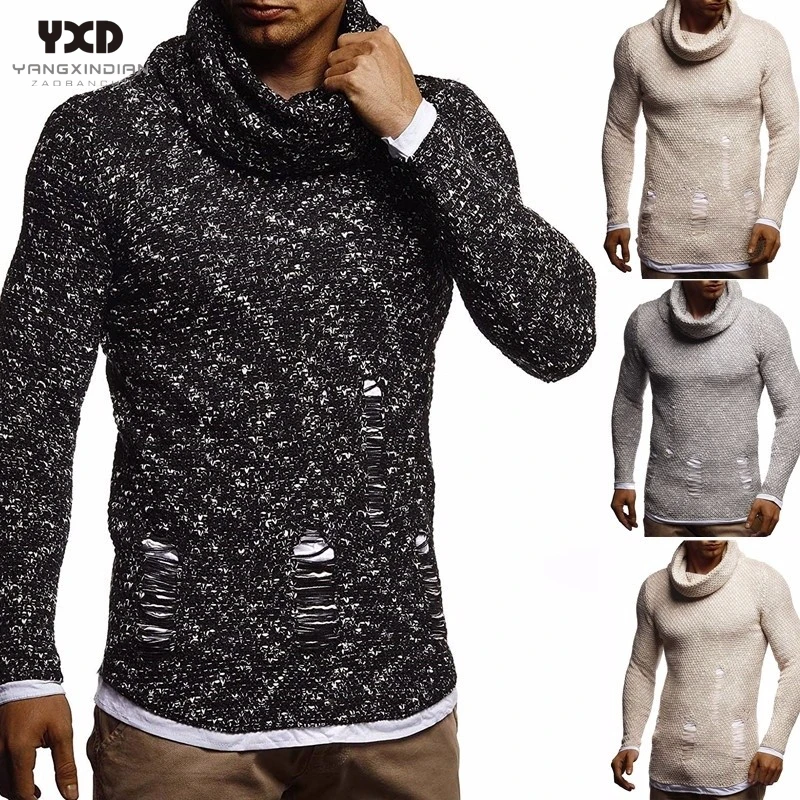

Free shipping Man clothes Mans Casual Beige Slim Fit Sweater Pullover Mens Sweaters Jumper Men Turtleneck Hole Knitted Pullovers
