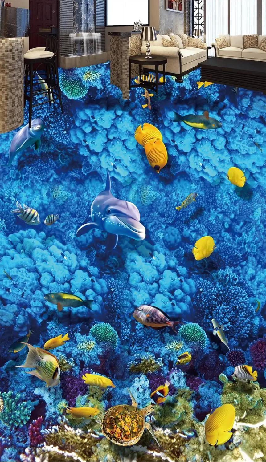 3D мерное напольное покрытие Sea World для гостиной спальни ресторана ПВХ