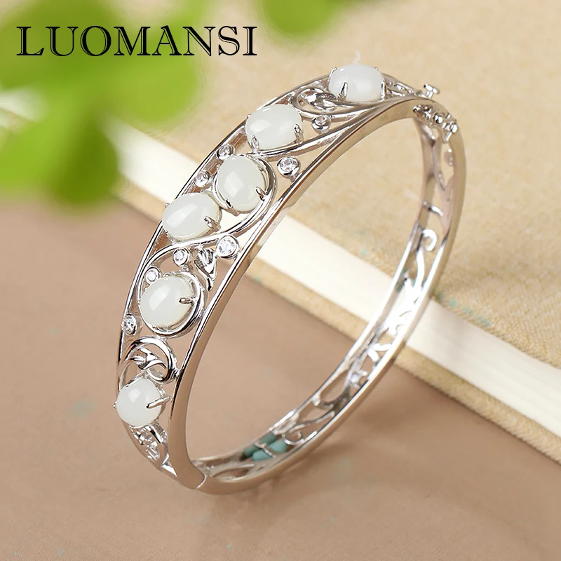 

Luomansi S925 Серебряный Цветочный браслет на запястье натуральный 8*6 Hetian нефритовый браслет женские ювелирные изделия аксессуары вечерние Рино...
