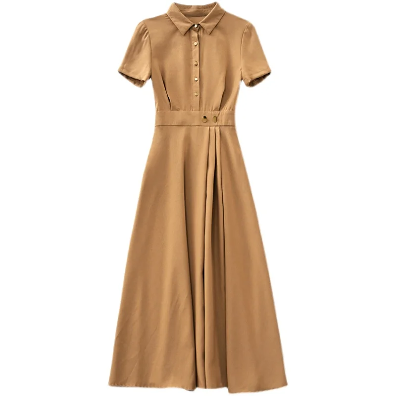 

Women Long Dress Summer 2021 New Office Lady Fashion Print Short Sleeve Chiffon V-Neck Lake Khaki Sky Blue Dresses Traf