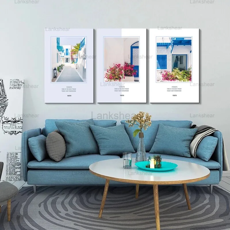 

Blue Sunshine Holiday Villas Flowers Poster Landscape Nordic Wall Art Canvas Painting Picture for Living Room Home Decoration
