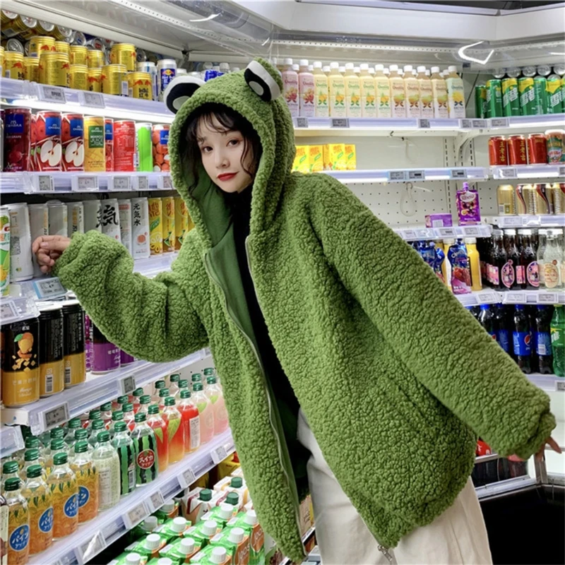 

Women Winter Cute Frog Eyes Hoodie Jacket Long Sleeve Faux Wool Oversized Coat Harajuku Fuzzy Plush Warm Zip Up Outwear