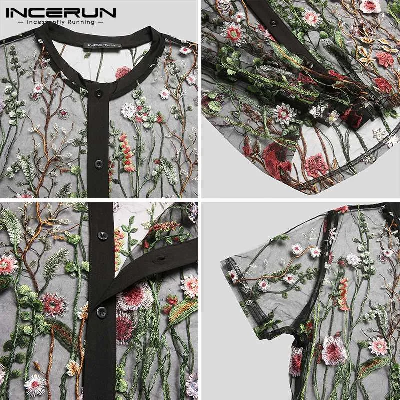 

INCERUN Fashion Men Mesh Shirts Embroidered Short Sleeve Breathable Sexy See Through Tops 2021 Button Party Nightclub Shirts 5XL