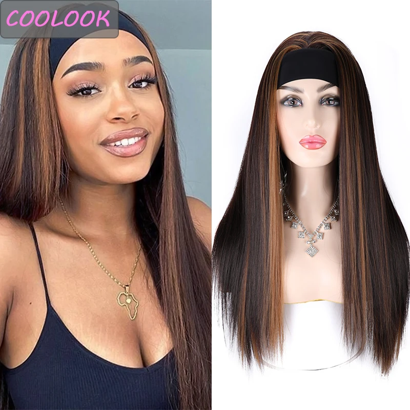 

Ombre Brown Straight Headband Wig Mixed Brown Highlight Turban Wigs for Black Women Heat Resistant Fibre Daily Party Cosplay Wig
