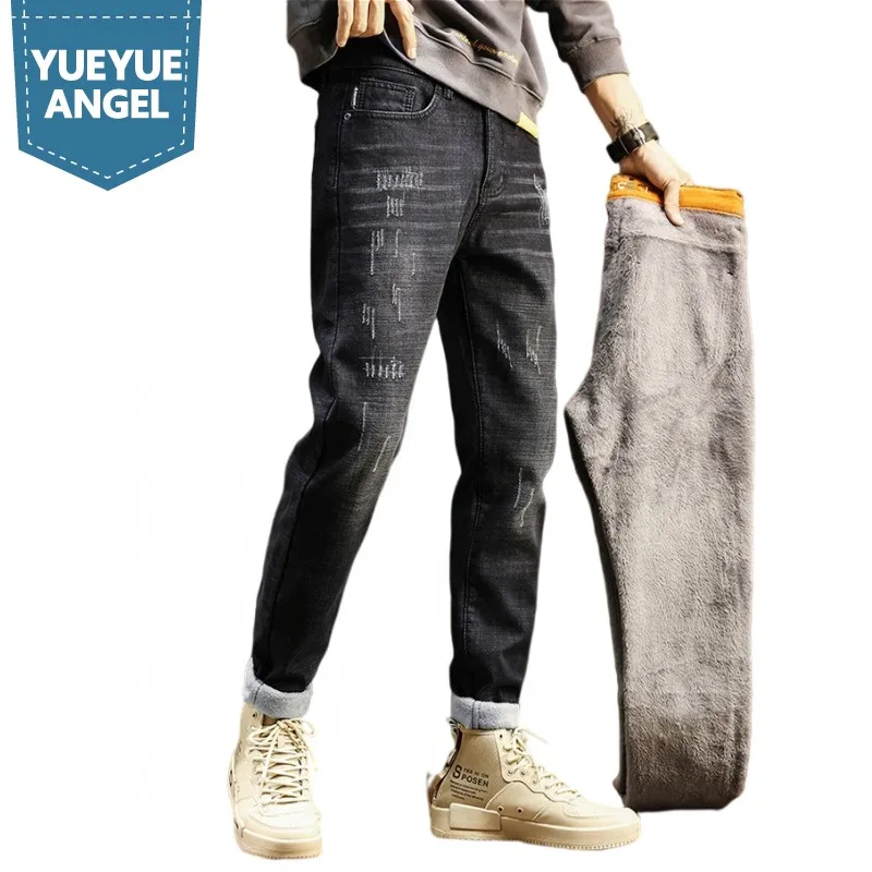 

Зимние мужские плотные теплые брюки-карандаш с флисовой подкладкой, облегающие повседневные джинсы, модные повседневные джинсовые брюки, у...