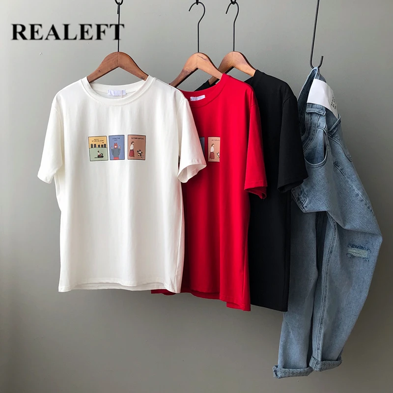 

REALEFT New 2021 Summer Classic Abstract Printing Women's T-Shirts Bottoming O-Neck Short Sleeve Female Casual Loose Shirts Tops