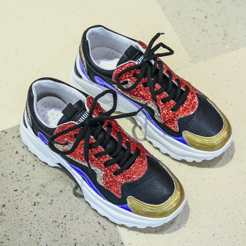 

Women Shoes 2019 New Women Sneakers Comfortable Casual Dad Shoes Sequins Breathable Fashion Sneakers Platform Shoes Basket Femme