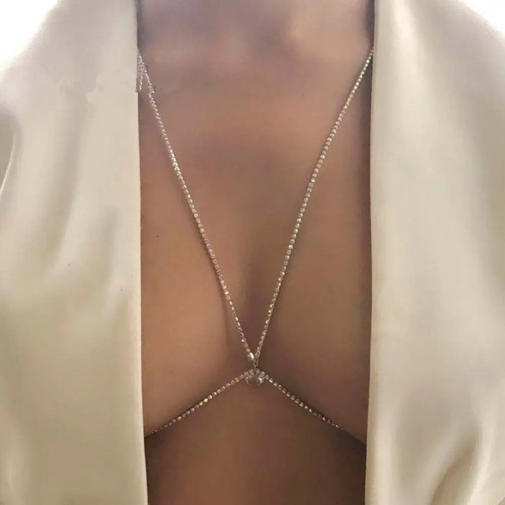 

Sexy Women's Sling Water Drop Chest Chain Body Jewelry Fashion Beach Bikini Simple Accessories Shiny Rhinestone Bra Body Chain
