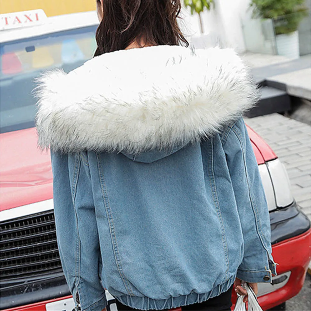 Толстая джинсовая куртка с капюшоном пальто большим меховым воротником