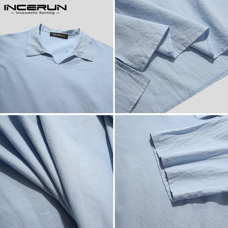 

Korean Style Loose Blouse INCERUN Solid Color Mens Shirts Summer Short Sleeve Lapel Blouse Hombre Casual Cotton Shirts Plus Size