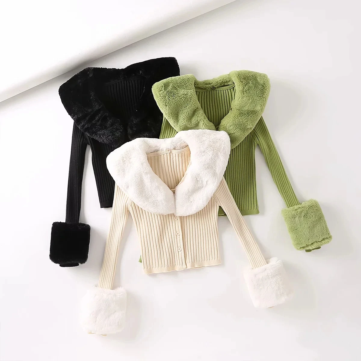 

Foridol Fluffy Knitted Cropped Cardigans Women V Neck Single Breasted Green Tops Vintage Detachable Fur Slim Ribbed Cardigans