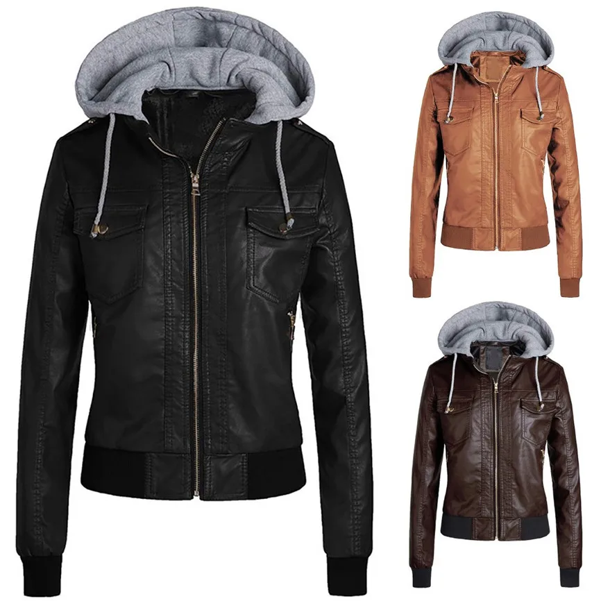 Куртка женская пальто приталенная кожаная куртка съемные молнии шапки с