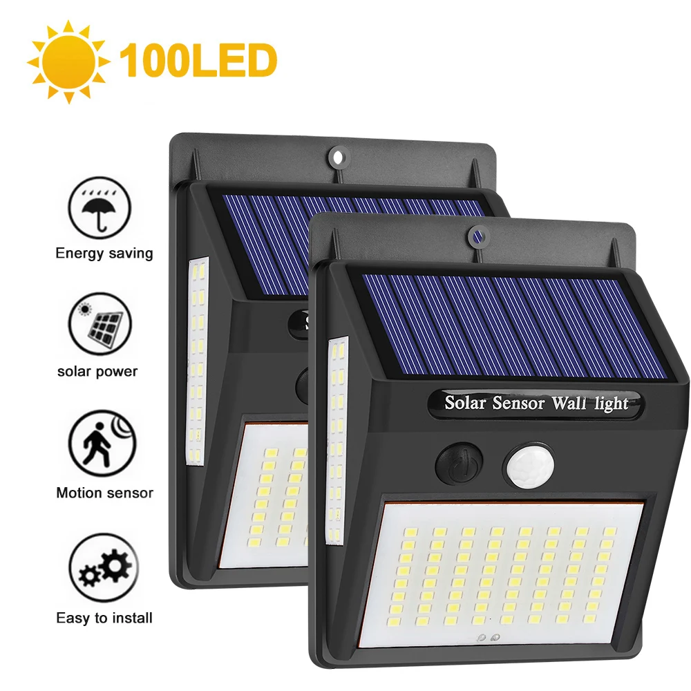 2pcs 100LED 100 светодиодный светильник на солнечной батарее, уличный светильник на солнечной батарее, настенный светильник с датчиком движения PIR, водонепроницаемый светильник на солнечной батарее для украшения сада - Испускаемый цвет: 2pcs 100LED
