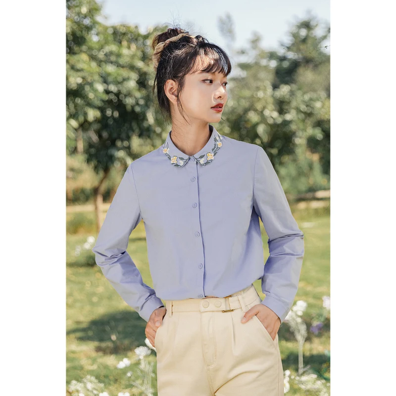 

INMAN Autumn Long Sleeve Blouse Clothing Elegant Sweet Lady Collared Flower Embroidered Tops Women's Basic Cotton Shirt
