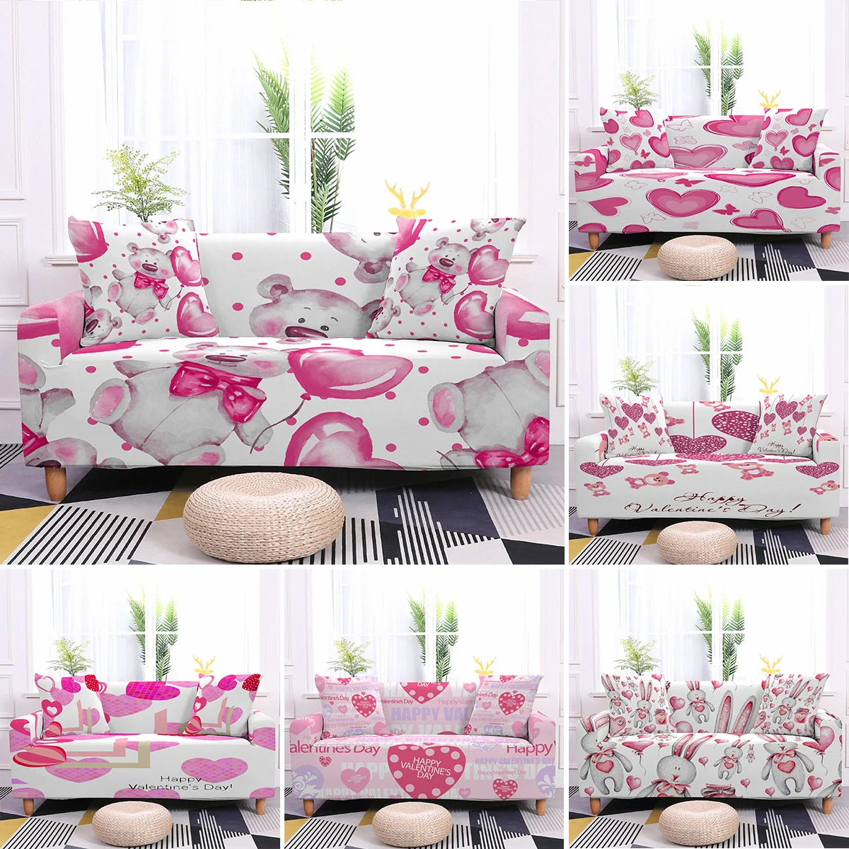 

Pink Rabbit And Bear Pattern Elastic Sofa Cover Strech Sectional Corner L-shape Armchair Protector Couch Cover 1/2/3/4 Seater