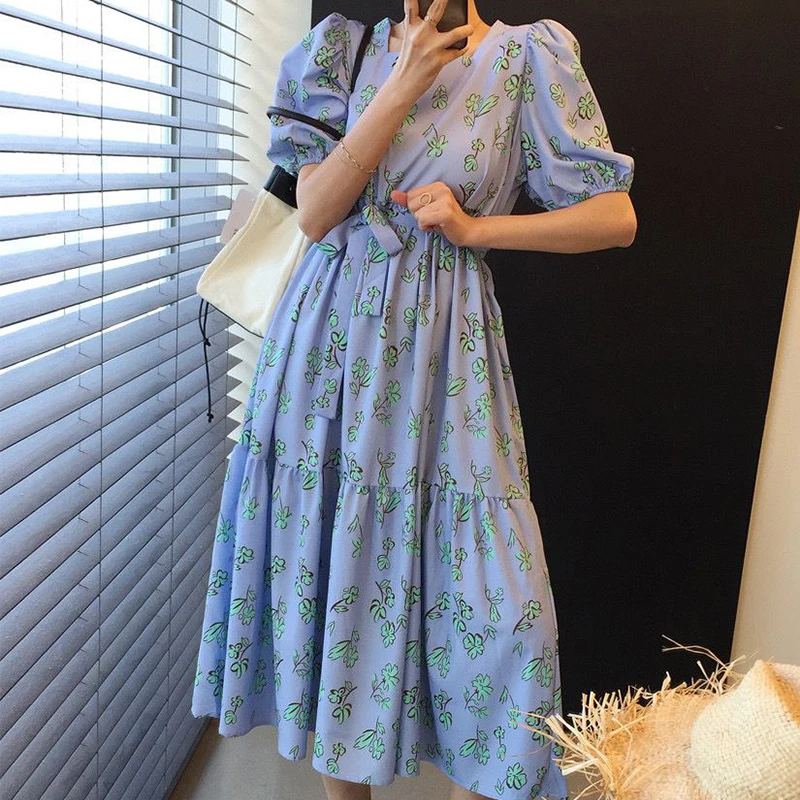 

Hzirip Summer Korean Floral Square Neck Puff Sleeve Women Loose 2021 Lace Hot Gentle Chic Fashion Slim New Elegant Lady Dress