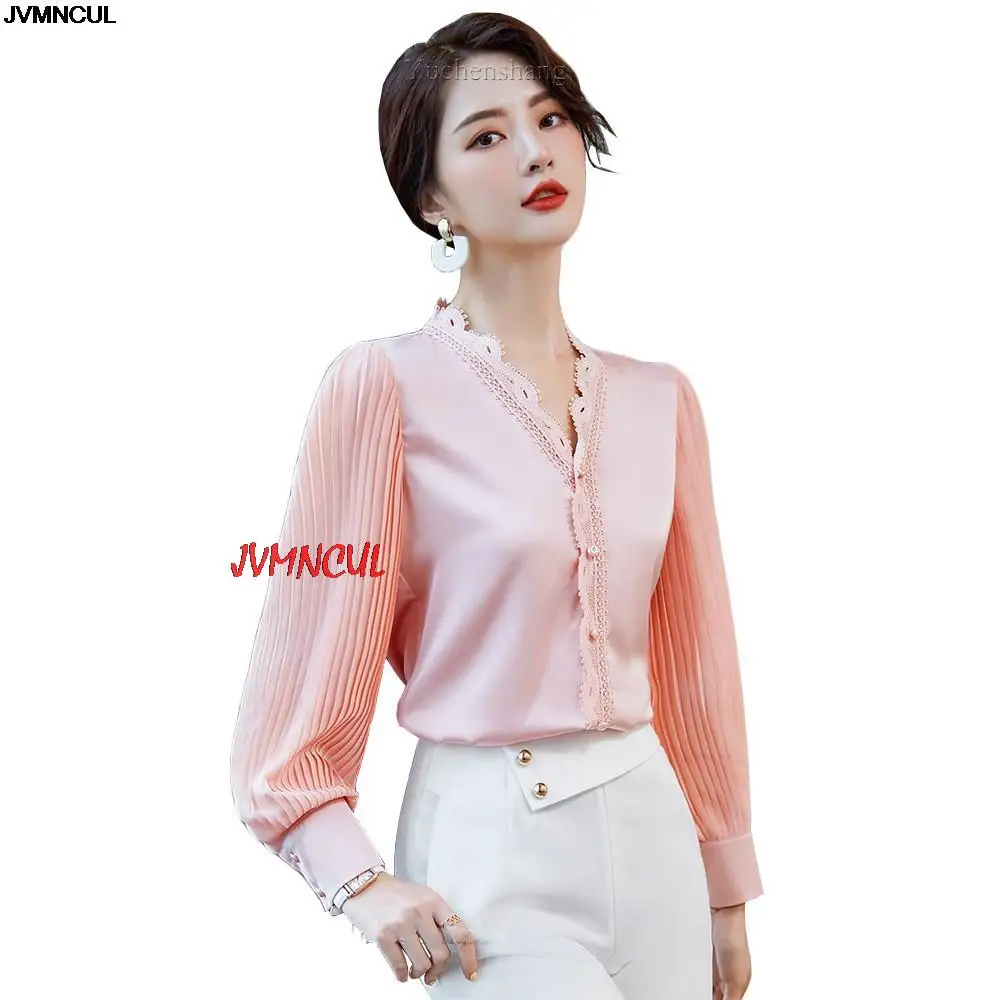 

High Quality New Arrival Elegant Pink White V-Neck Lace Blouse Women Ladies Girl Long Lantern Sleeve Pleated Shirt S-5XL Tops