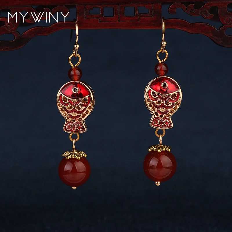 2 цвета MYWINY новые модные ювелирные изделия Cloisonne Двойные серьги с рыбой синие