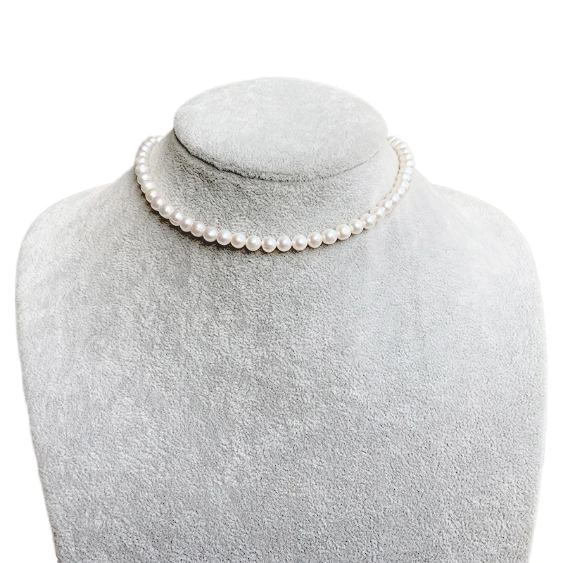 

5-6MM White Round Pearl Necklace Real Natural Freshwater Pearl Chokers Necklaces 925 Sterling Silver Jewelry For Women Gift