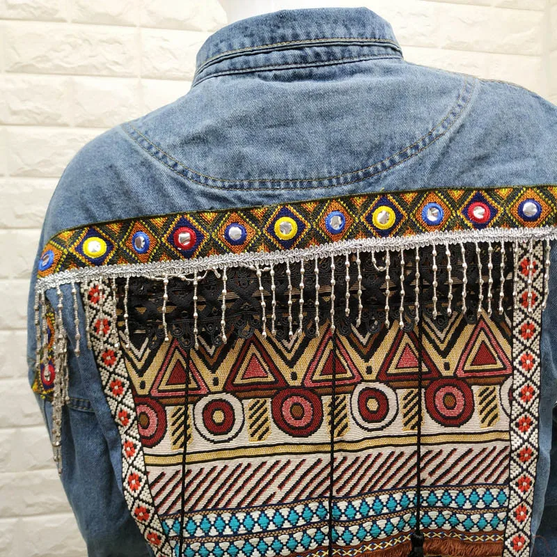 

Lndie Folk Pattern Patchwork Womens Spring Denim Jackets Single Breasted Lapel Streetwear Loose Famale Outerwear Short Coats