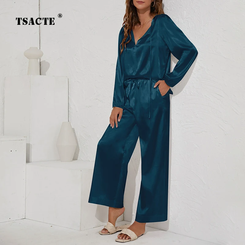 

Повседневный свободный женский Пижамный костюм из двух предметов с V-образным вырезом, новая модель осени, женская одежда, зимние атласные б...