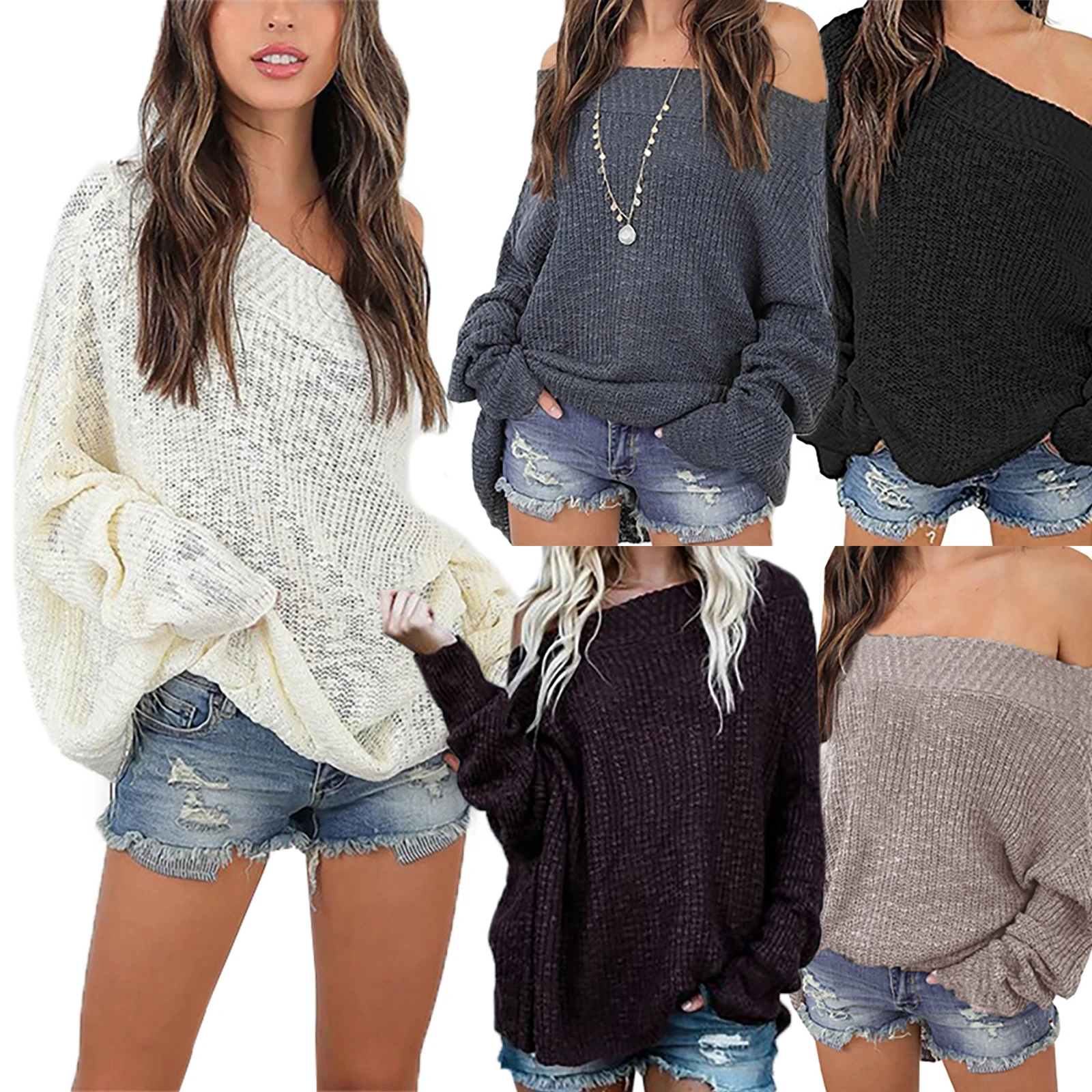 

Plus Size Sweater Women Off Shoulder Sexy Autumn Knitted Top Casual Loose Knitted Solid Sweater Long Sleeves Pullover Sweater