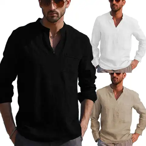 Рубашка мужская с длинным рукавом, модная повседневная сорочка из хлопка и льна, с воротником без воротника, красивая, на осень