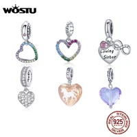 wostu 925 sterling silver dangle heart series charm zircon love heart bead silver pendant fit original bracelet diy jewelry