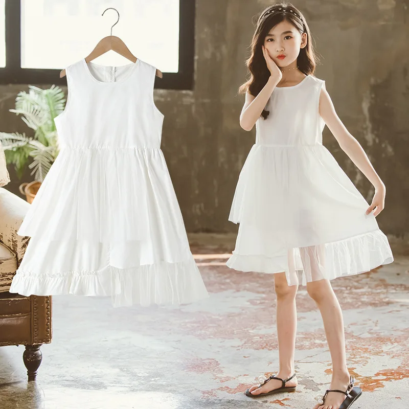 

4 To 15 Years Big Girl Dress 2021 New Summer Sleeveless Children Holiday Cotton Dresses Teen Girls Clothing White Mesh Patchwork