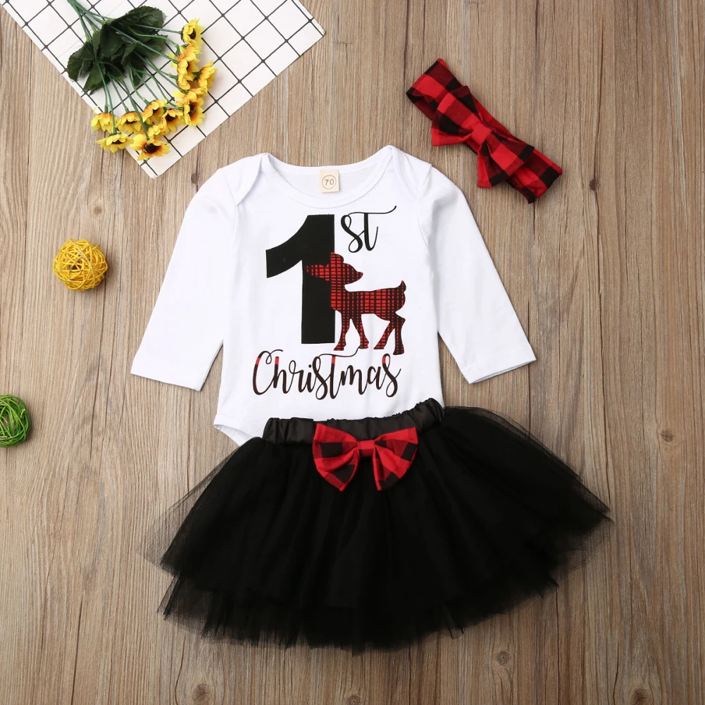 My 1st/Рождественский комбинезон с длинными рукавами и рисунком оленя для новорожденных девочек фатиновая юбка с бантом и блестками Осенняя Милая одежда для детей от 0 до 18 месяцев