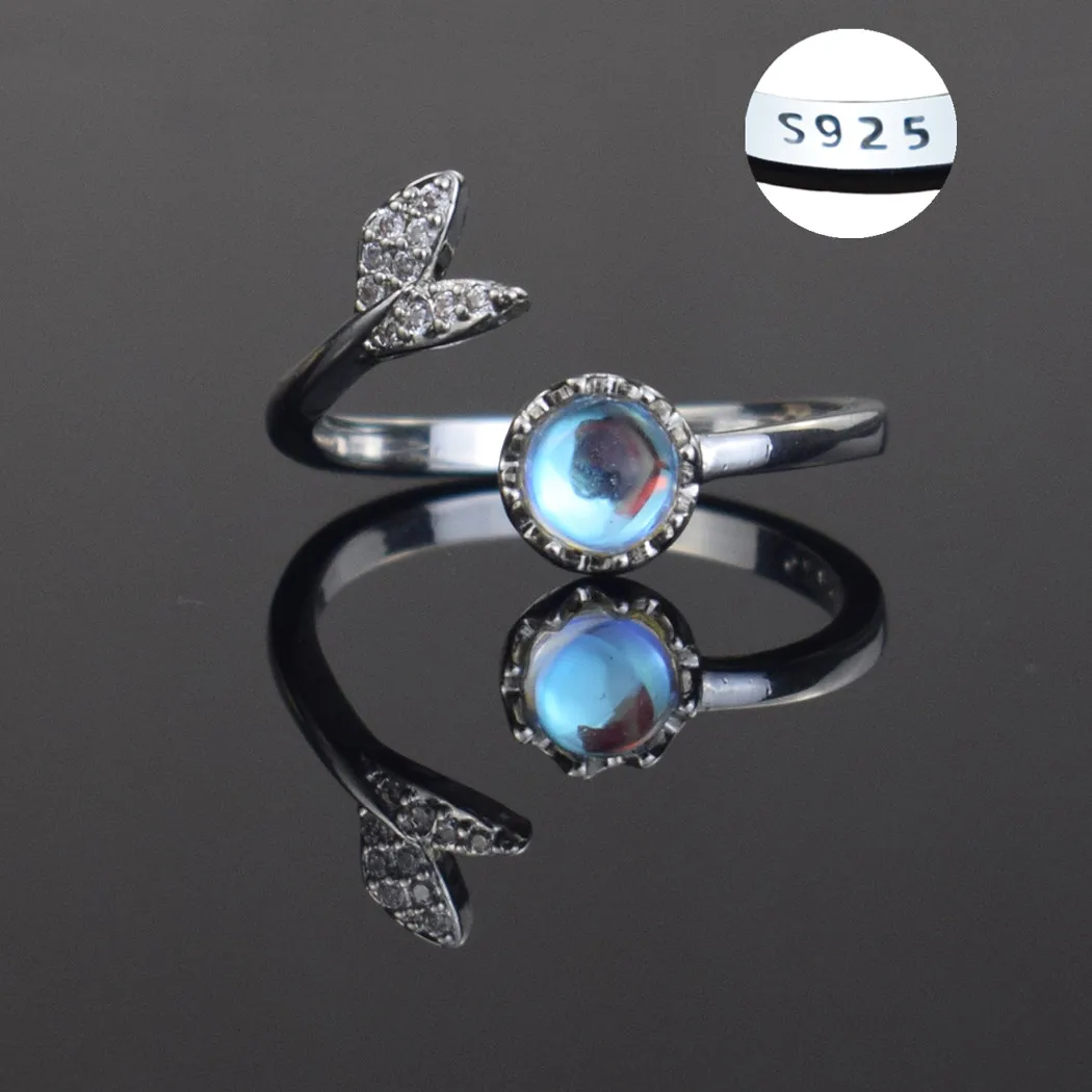 

S925 Mermaid Tail Rings Fish Tail Blue Bead Ring For Women Women Girl Fashion Ocean Beach Jewelry Holiday Christmas Gift