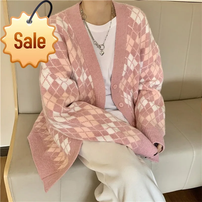 

Ladies Cardigans Long Sleeve Knitted Argyle Sweater Women Korean Pink Vest Sweaters Female Jumpers Cardigan Jacket with Buttons