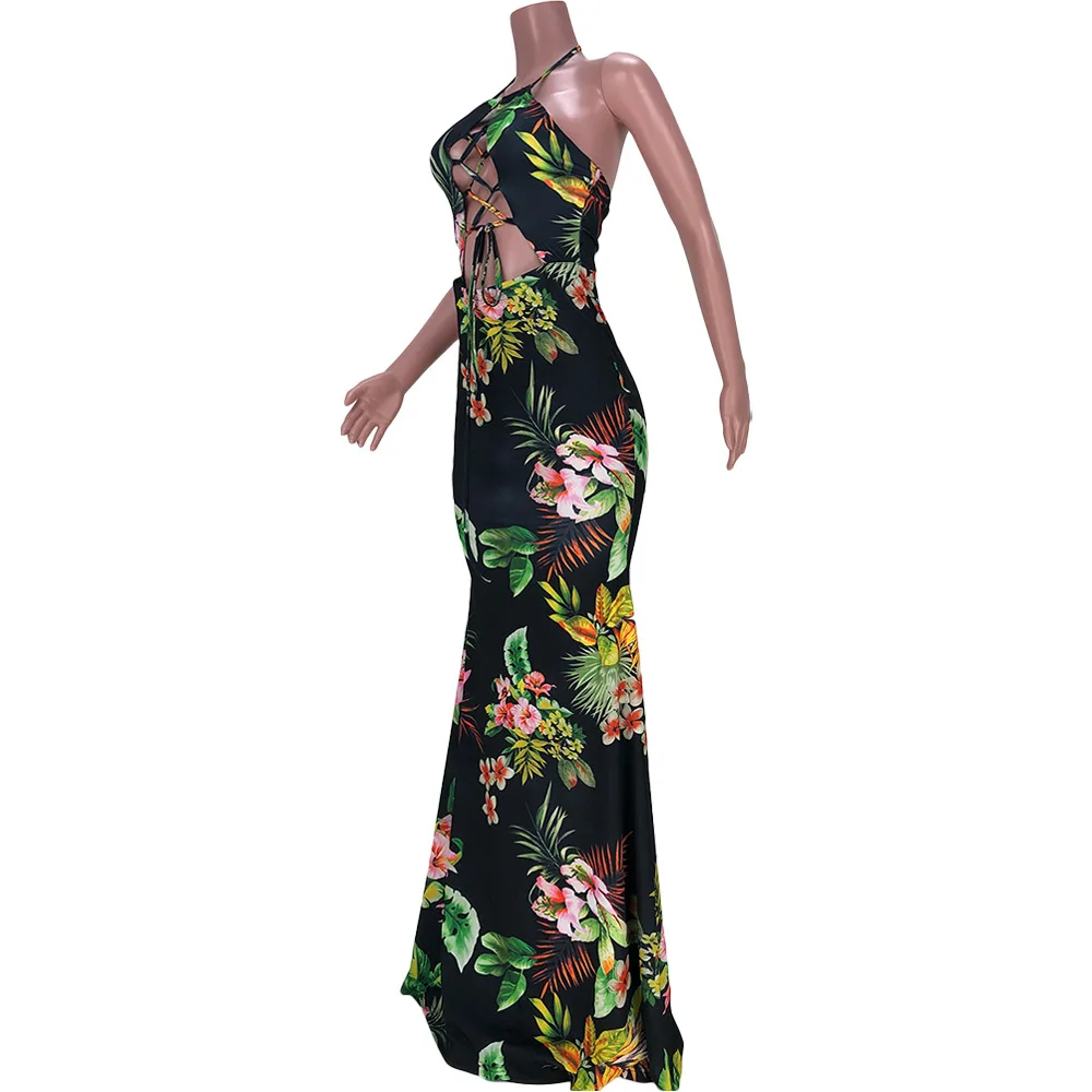 

Summer Women's Night Dress Sexy Backless Suspender Bow Woman Slim Hollow Out Flower Pattern Fashion Pencil Dresses 2021