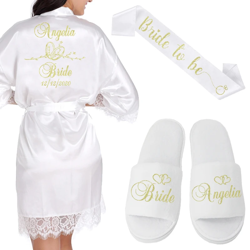

Personalized Date Name Lace Kimono Robe Women Wedding Bride Bridesmaid Robes Bachelorette Wedding Preparewear